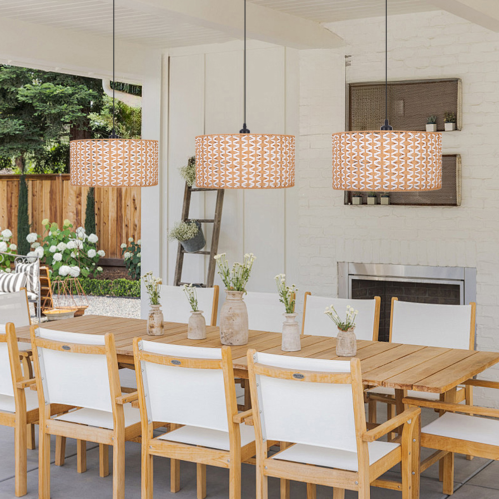 Bohemian Handwoven Jute Drum Pendant Lamp with Chevron Weave