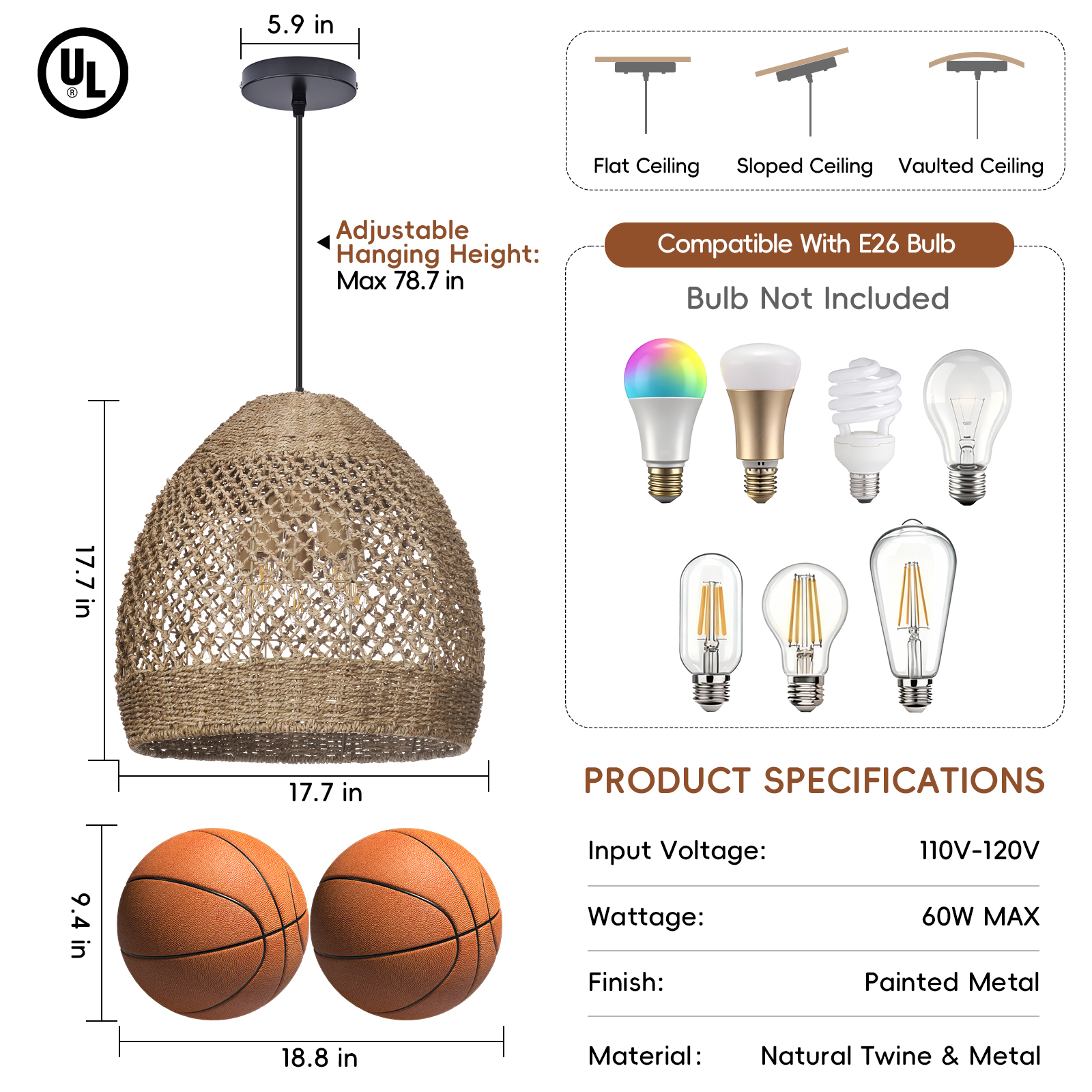 Natural Seagrass Lampshade Rattan Pendant Light Handmade Lamp Fixture
