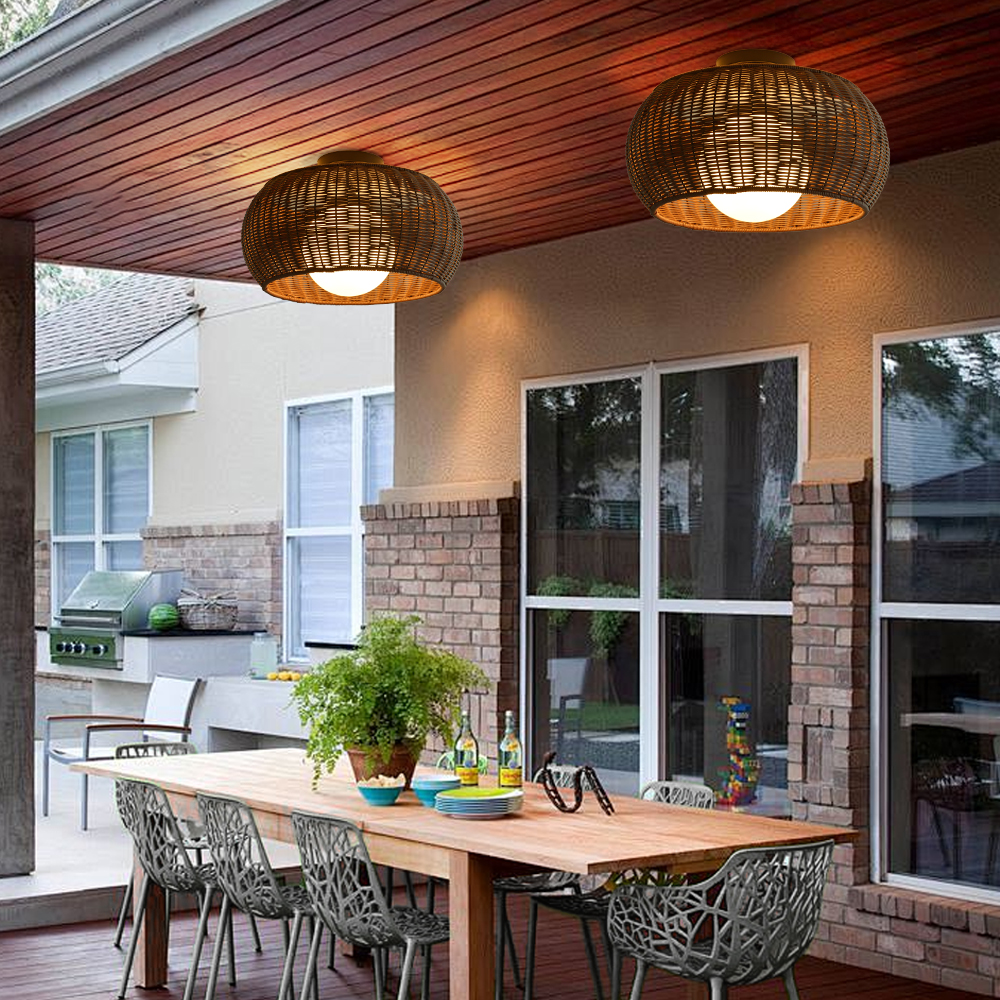 Outdoor Waterproof Imitation Rattan Ceiling Light - All-Weather Wicker Design