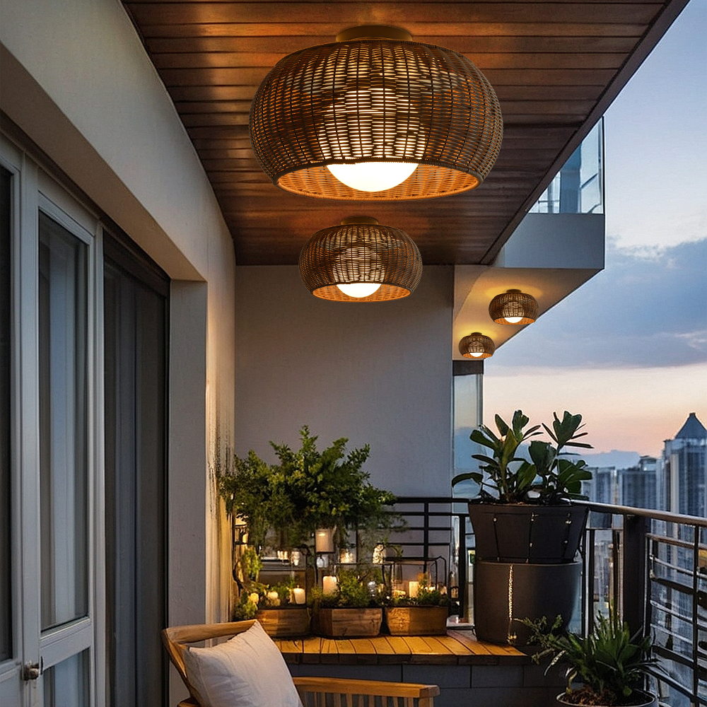 Outdoor Waterproof Imitation Rattan Ceiling Light - All-Weather Wicker Design