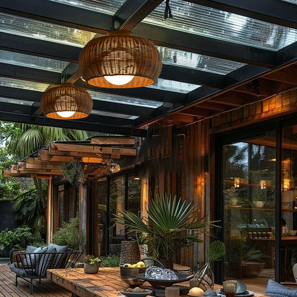 Outdoor Waterproof Imitation Rattan Ceiling Light - All-Weather Wicker Design