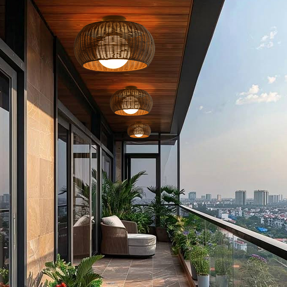 Outdoor Waterproof Imitation Rattan Ceiling Light - All-Weather Wicker Design