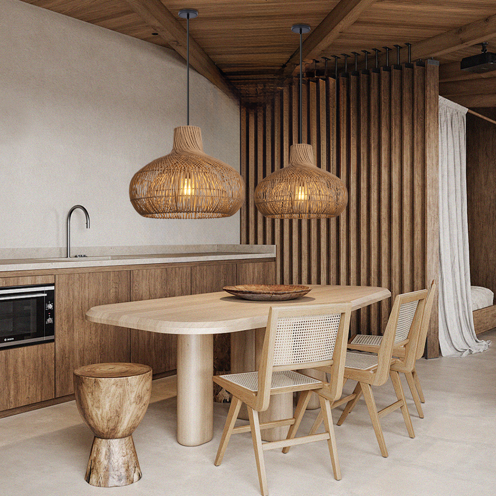 Artisanal Garlic-Shaped Wabi-Sabi Rattan Pendant Light