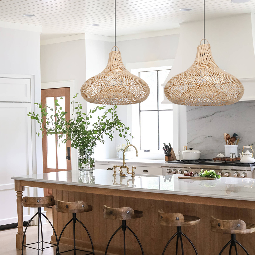 Artisanal Garlic-Shaped Wabi-Sabi Rattan Pendant Light