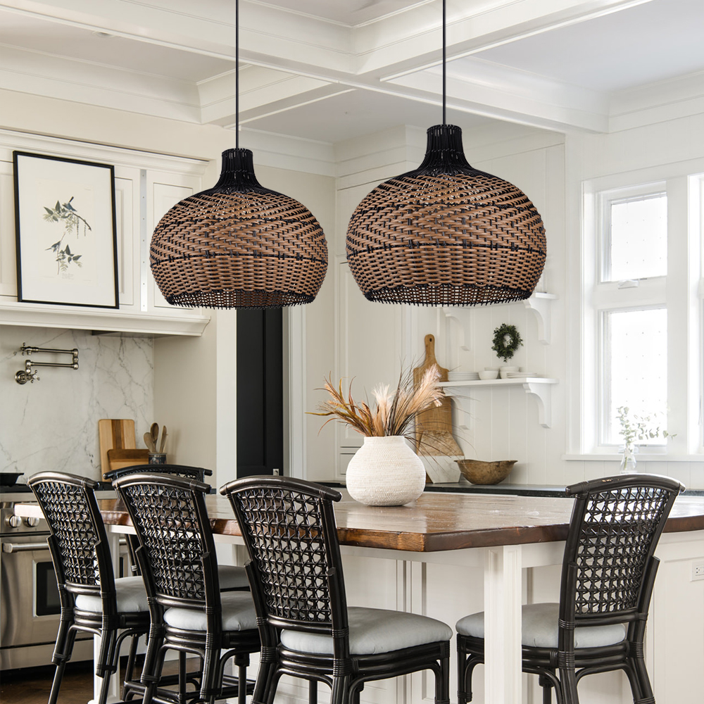 Wabi-sabi Black Rattan Ceiling Light Beautiful Herringbone Weave Pattern Pendants