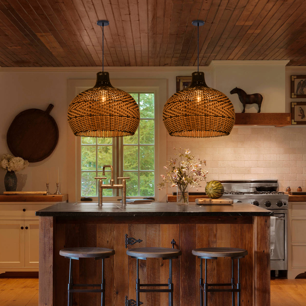 Wabi-sabi Black Rattan Ceiling Light Beautiful Herringbone Weave Pattern Pendants