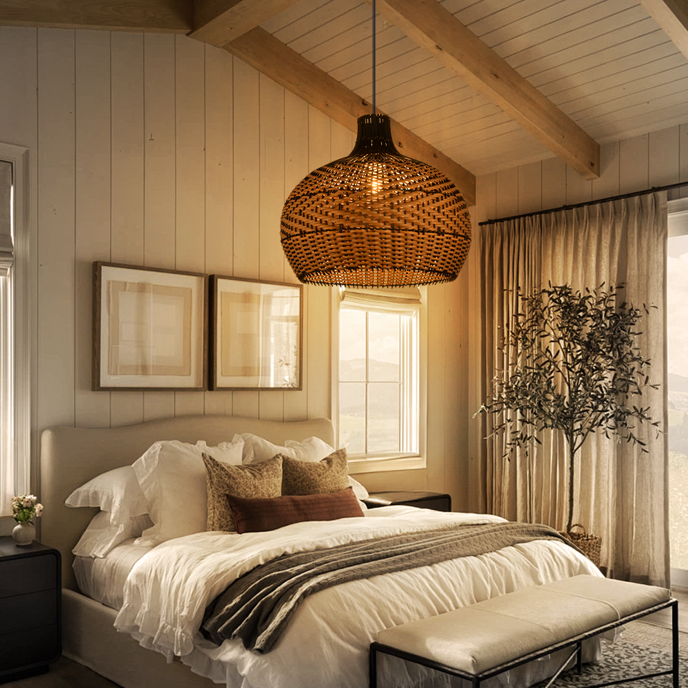 Wabi-sabi Black Rattan Ceiling Light Beautiful Herringbone Weave Pattern Pendants