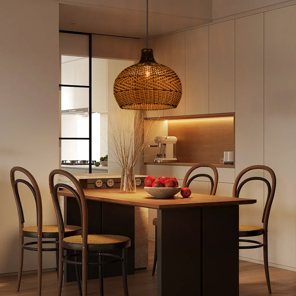 Wabi-sabi Black Rattan Ceiling Light Beautiful Herringbone Weave Pattern Pendants