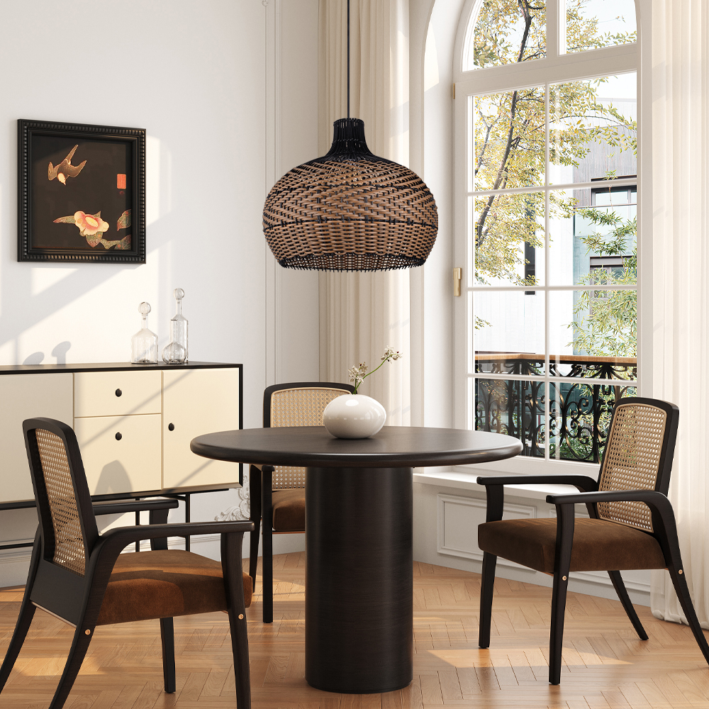 Wabi-sabi Black Rattan Ceiling Light Beautiful Herringbone Weave Pattern Pendants