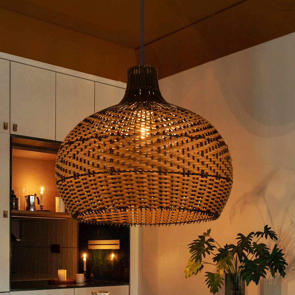 Wabi-sabi Black Rattan Ceiling Light Beautiful Herringbone Weave Pattern Pendants