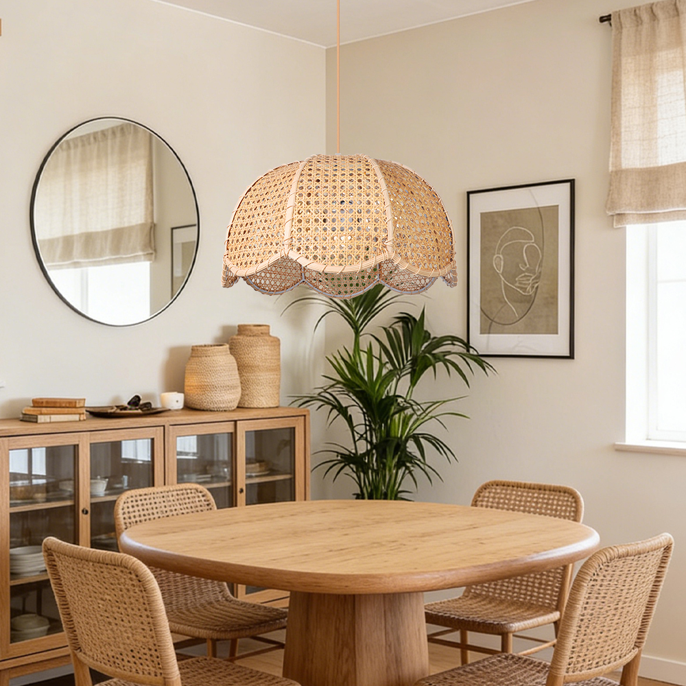 Rattan Scalloped Dome Pendant Lampshade Simplicity Rattan Hanging Chandelier