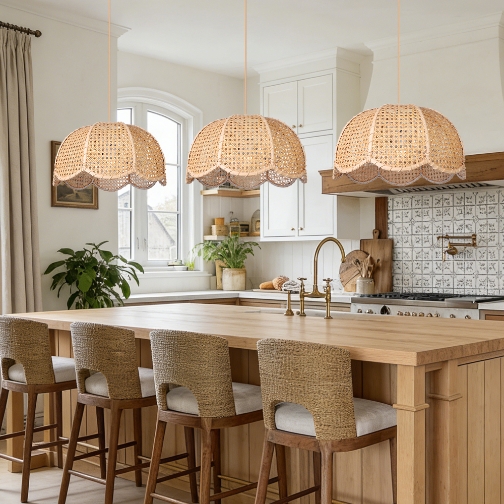 Rattan Scalloped Dome Pendant Lampshade Simplicity Rattan Hanging Chandelier