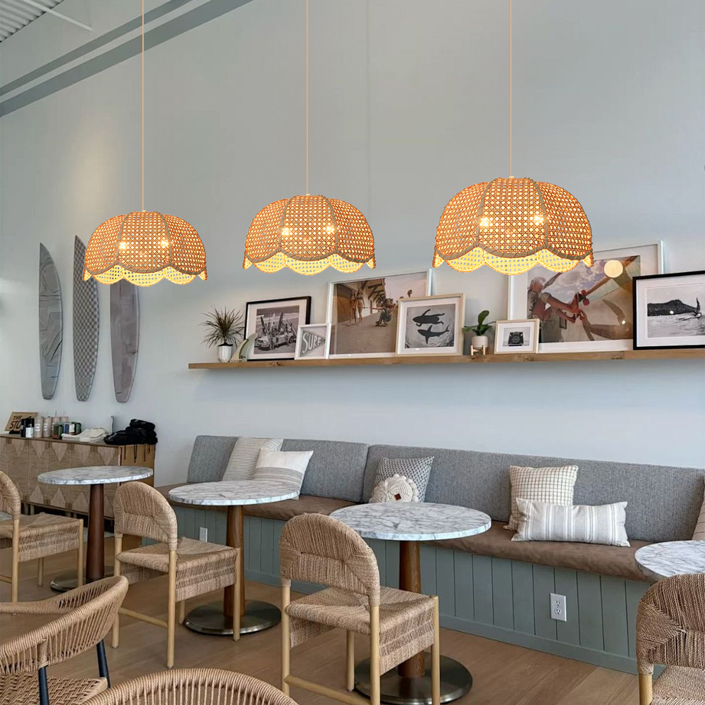 Rattan Scalloped Dome Pendant Lampshade Simplicity Rattan Hanging Chandelier