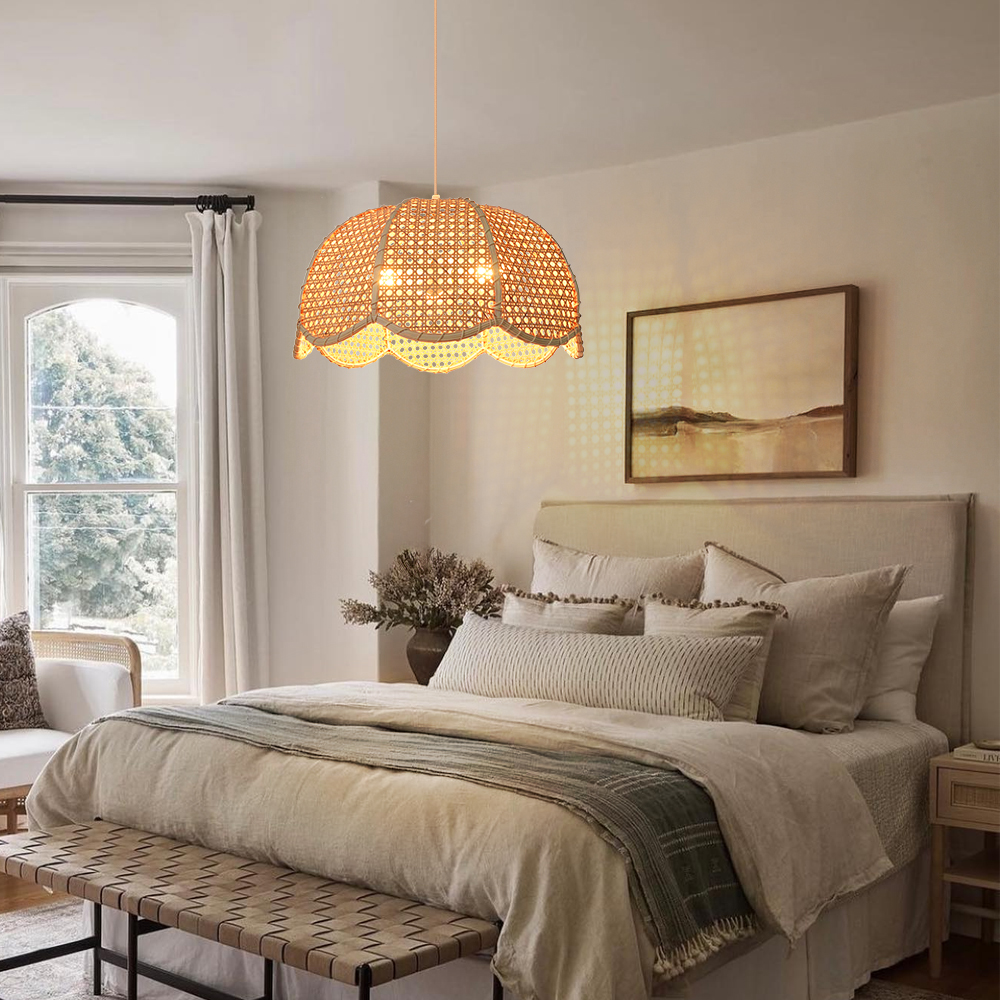Rattan Scalloped Dome Pendant Lampshade Simplicity Rattan Hanging Chandelier