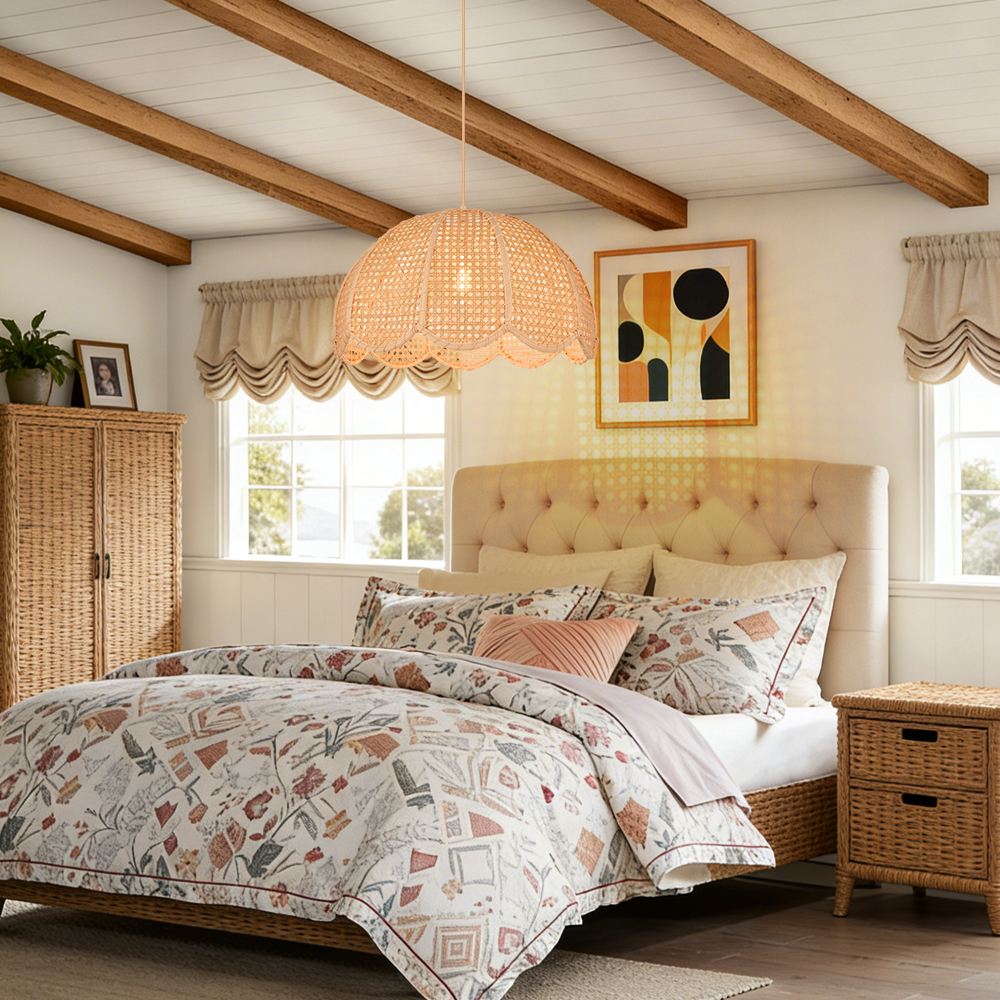 Rattan Scalloped Dome Pendant Lampshade Simplicity Rattan Hanging Chandelier