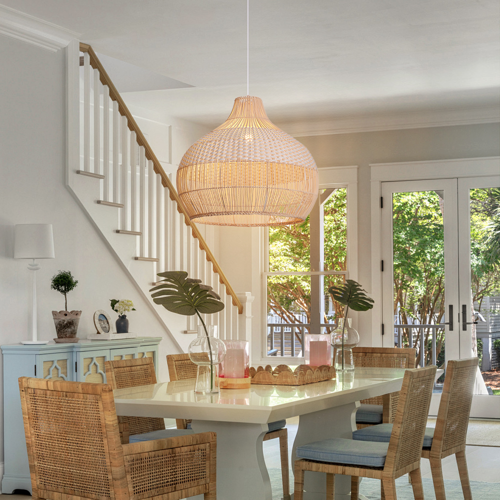 White Rattan Chandelier Modern Classic Pendant Light for Kitchen Island