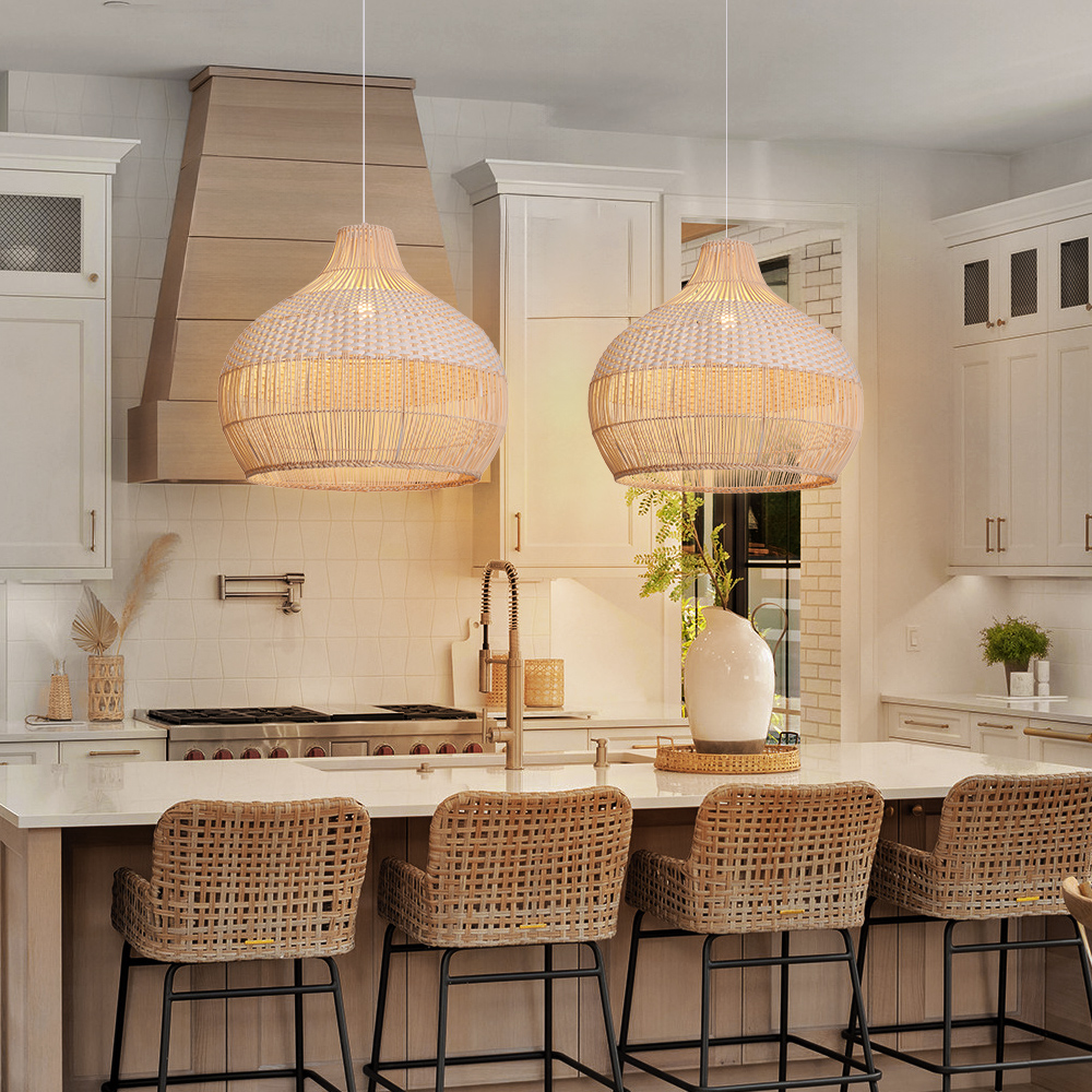 White Rattan Chandelier Modern Classic Pendant Light for Kitchen Island