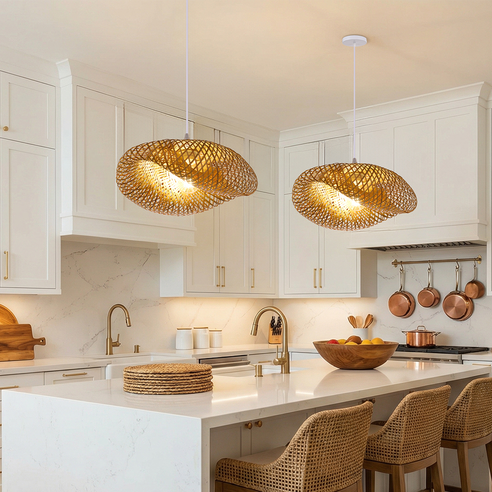 Bohemian Wavy Bamboo Pendant Light Farmhouse Kitchen Island Lighting