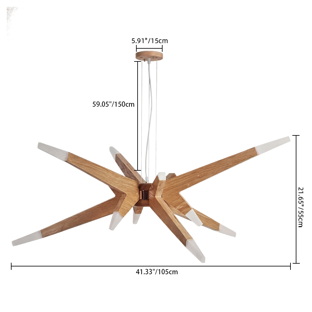 Nordic Geometric Wood Angular Star Chandelier with Frosted Light Ends