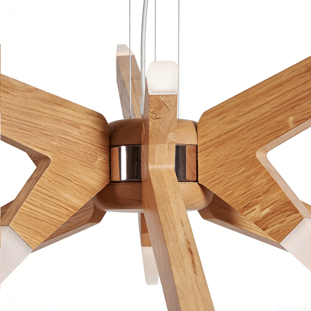 Nordic Geometric Wood Angular Star Chandelier with Frosted Light Ends