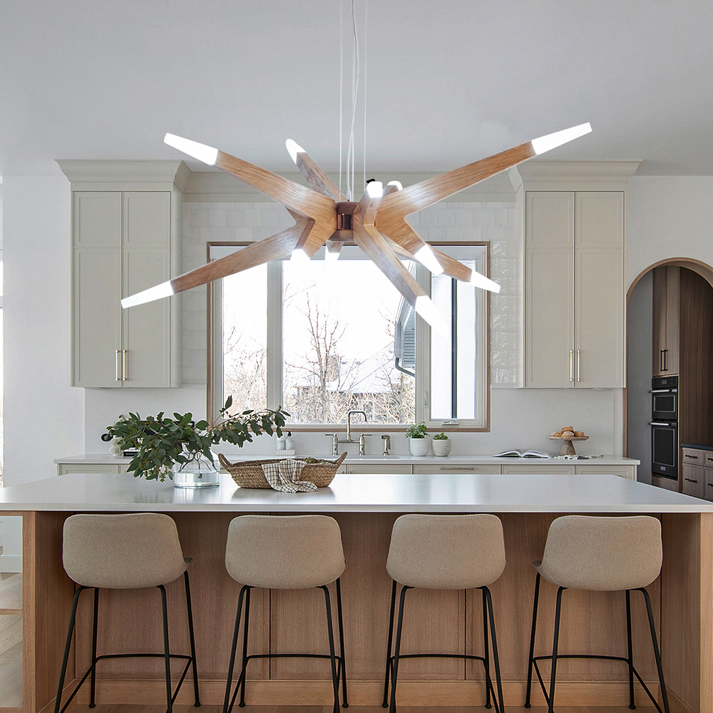 Nordic Geometric Wood Angular Star Chandelier with Frosted Light Ends