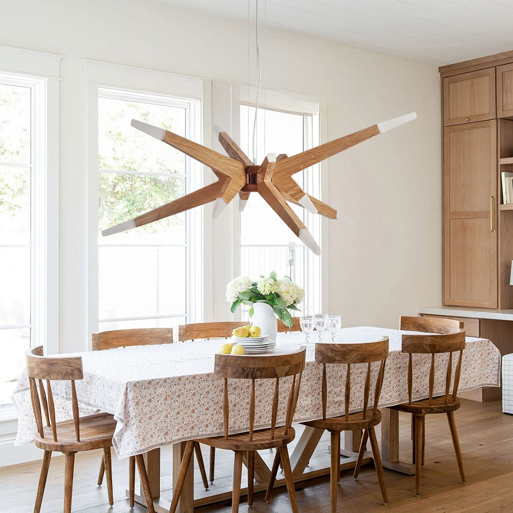 Nordic Geometric Wood Angular Star Chandelier with Frosted Light Ends