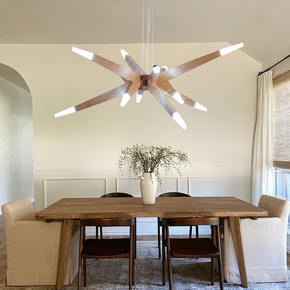 Nordic Geometric Wood Angular Star Chandelier with Frosted Light Ends