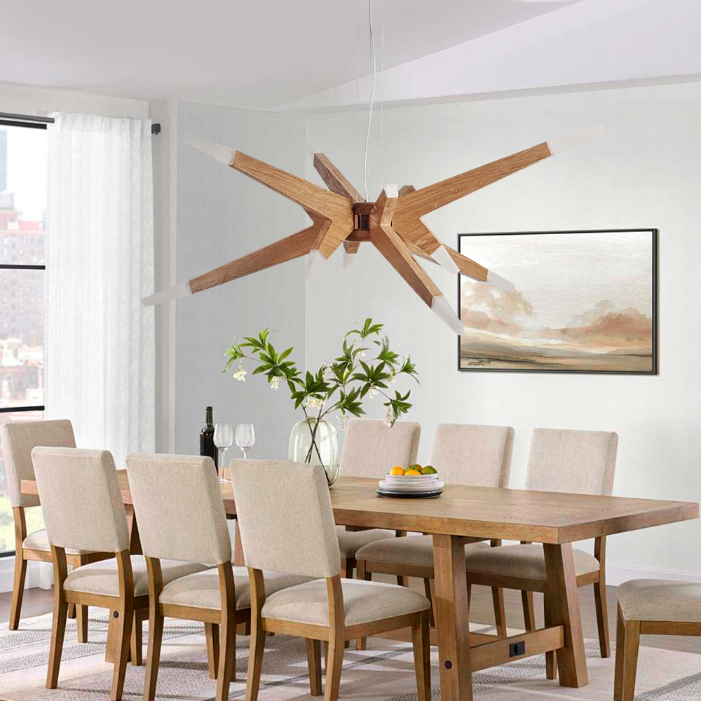 Nordic Geometric Wood Angular Star Chandelier with Frosted Light Ends