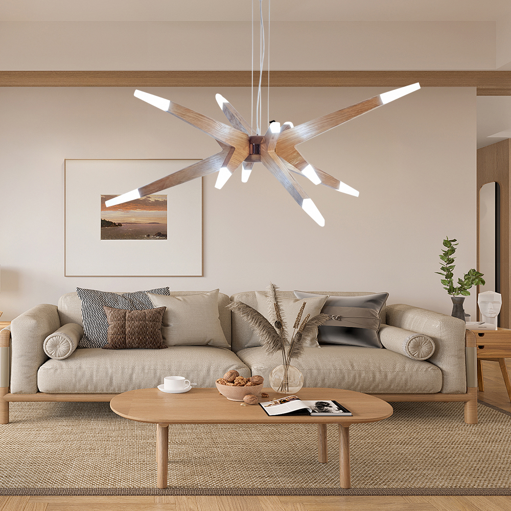 Nordic Geometric Wood Angular Star Chandelier with Frosted Light Ends