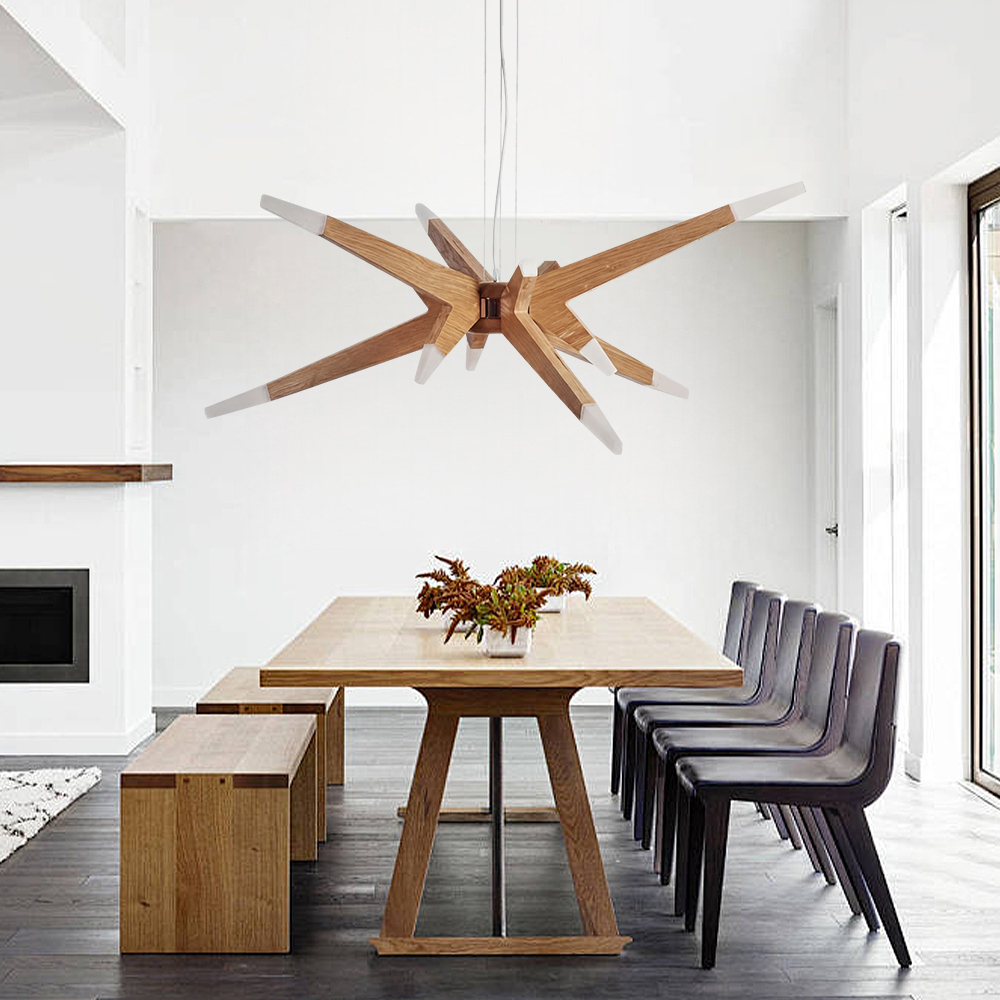 Nordic Geometric Wood Angular Star Chandelier with Frosted Light Ends