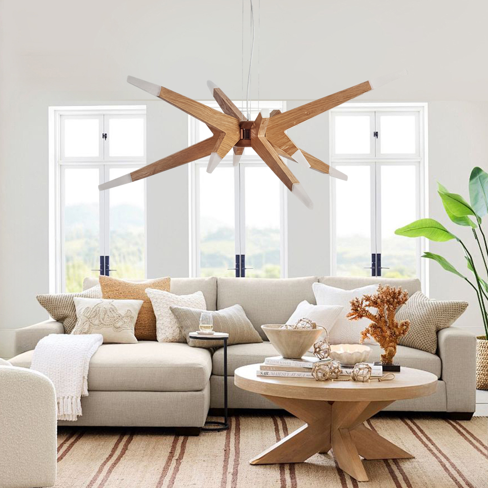 Nordic Geometric Wood Angular Star Chandelier with Frosted Light Ends