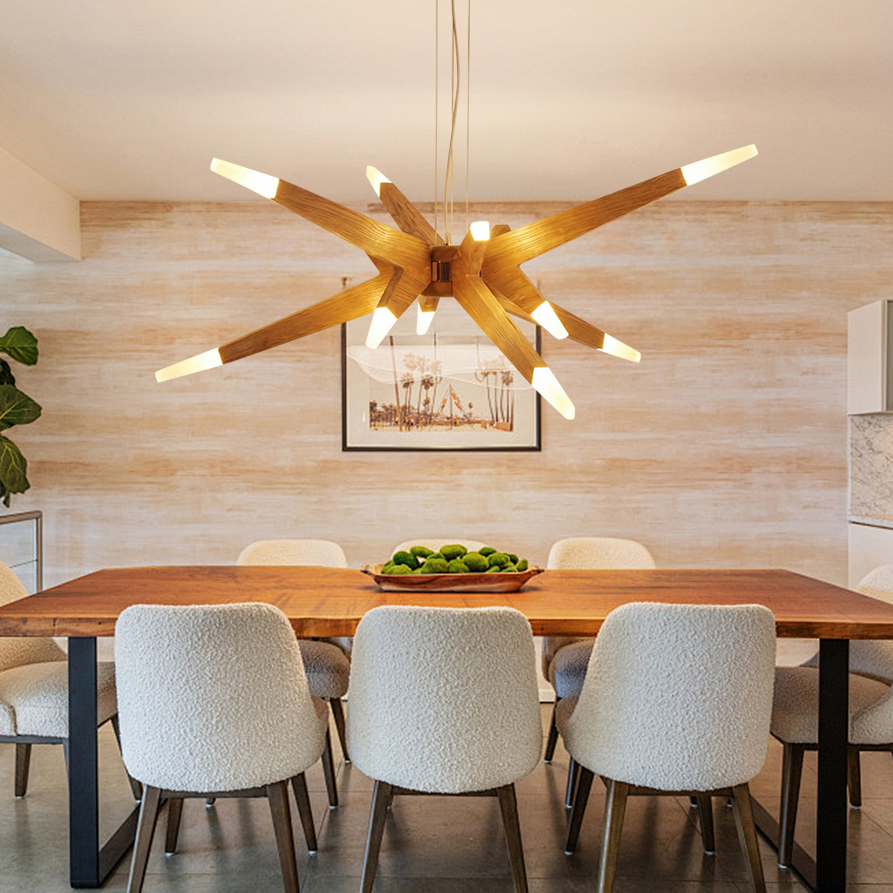 Nordic Geometric Wood Angular Star Chandelier with Frosted Light Ends