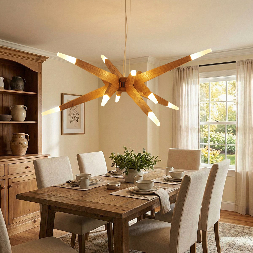 Nordic Geometric Wood Angular Star Chandelier with Frosted Light Ends