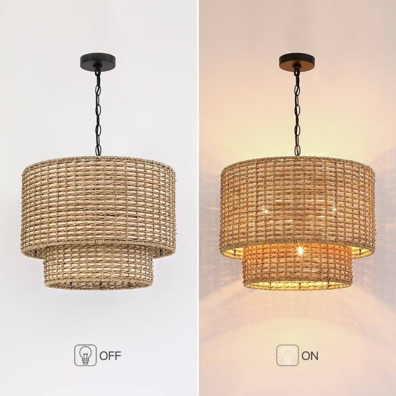 Harland Beachy Natural Rattan Double Drum Pendant Light