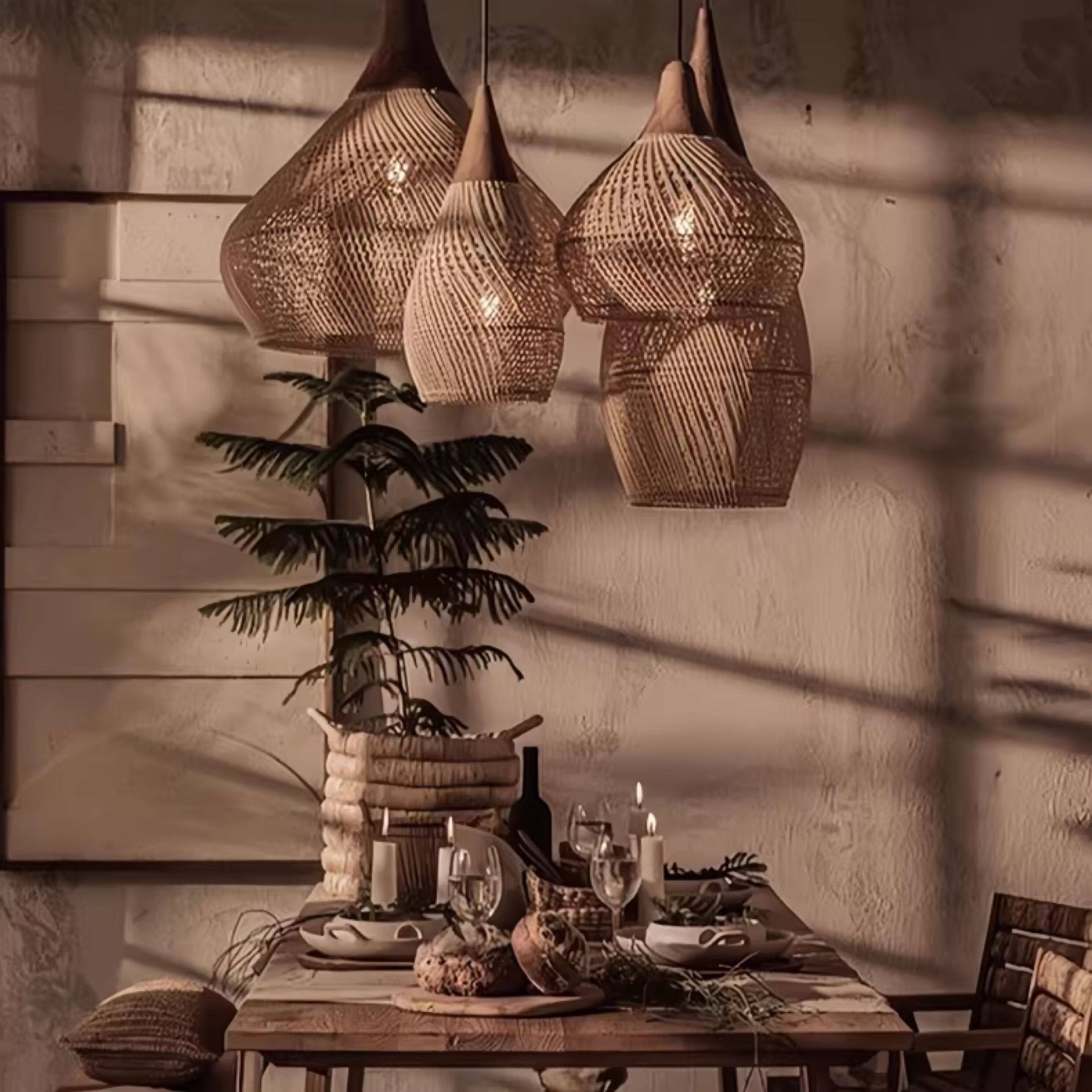 Wabi-Sabi Rattan Chandelier Rustic Handwoven Restaurant Light Fixture