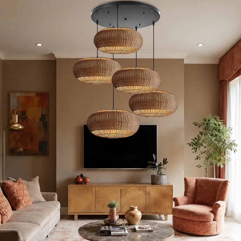 Rattan Handwoven Pendant Lights Adjustable Bamboo Wicker Hanging Lamp