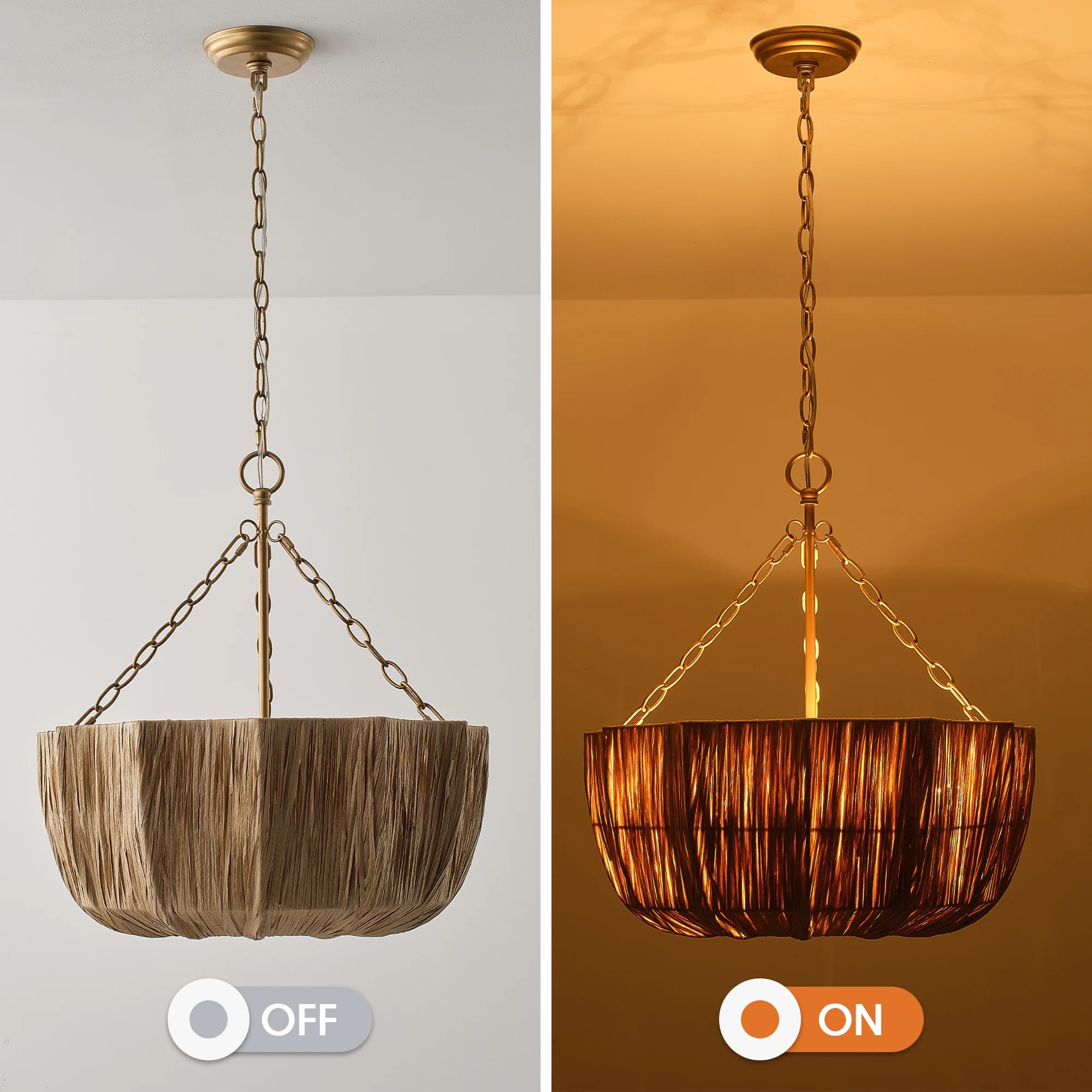 Brass & Woven Raffia 5-Light Chandelier Basket Bowl Ceiling Light