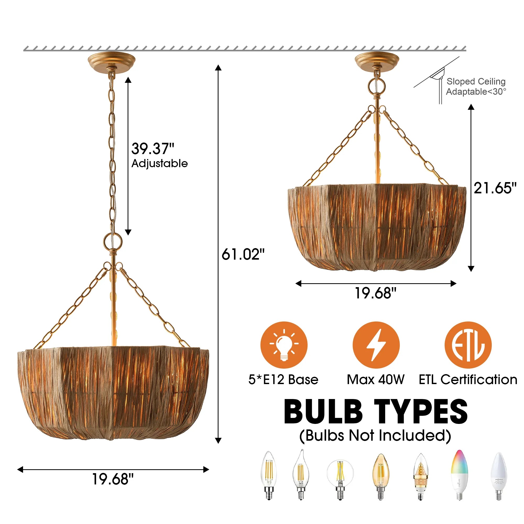 Brass & Woven Raffia 5-Light Chandelier Basket Bowl Ceiling Light