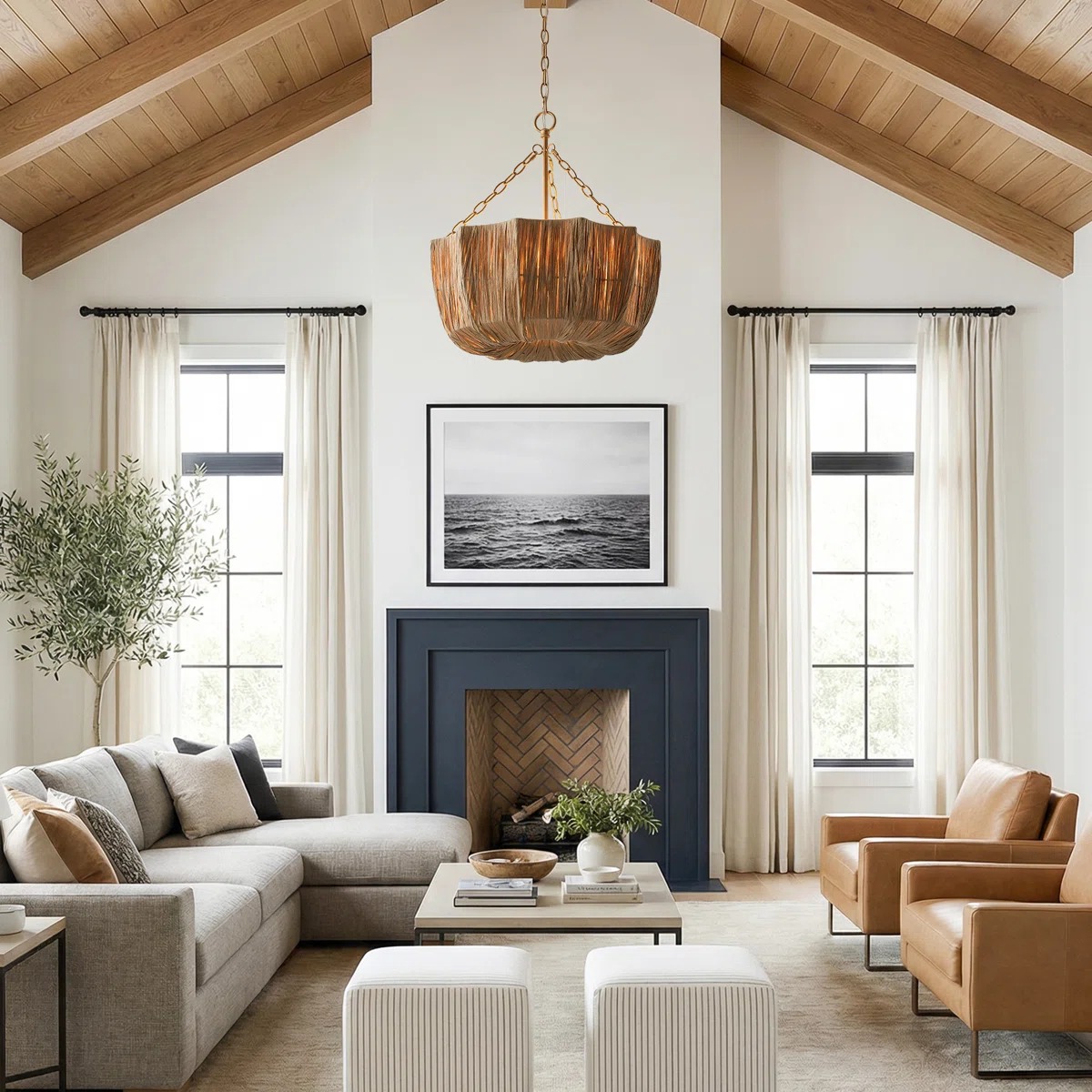 Brass & Woven Raffia 5-Light Chandelier Basket Bowl Ceiling Light