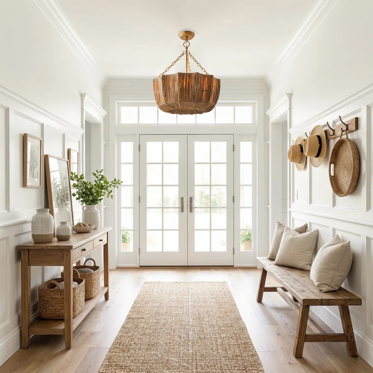 Brass & Woven Raffia 5-Light Chandelier Basket Bowl Ceiling Light