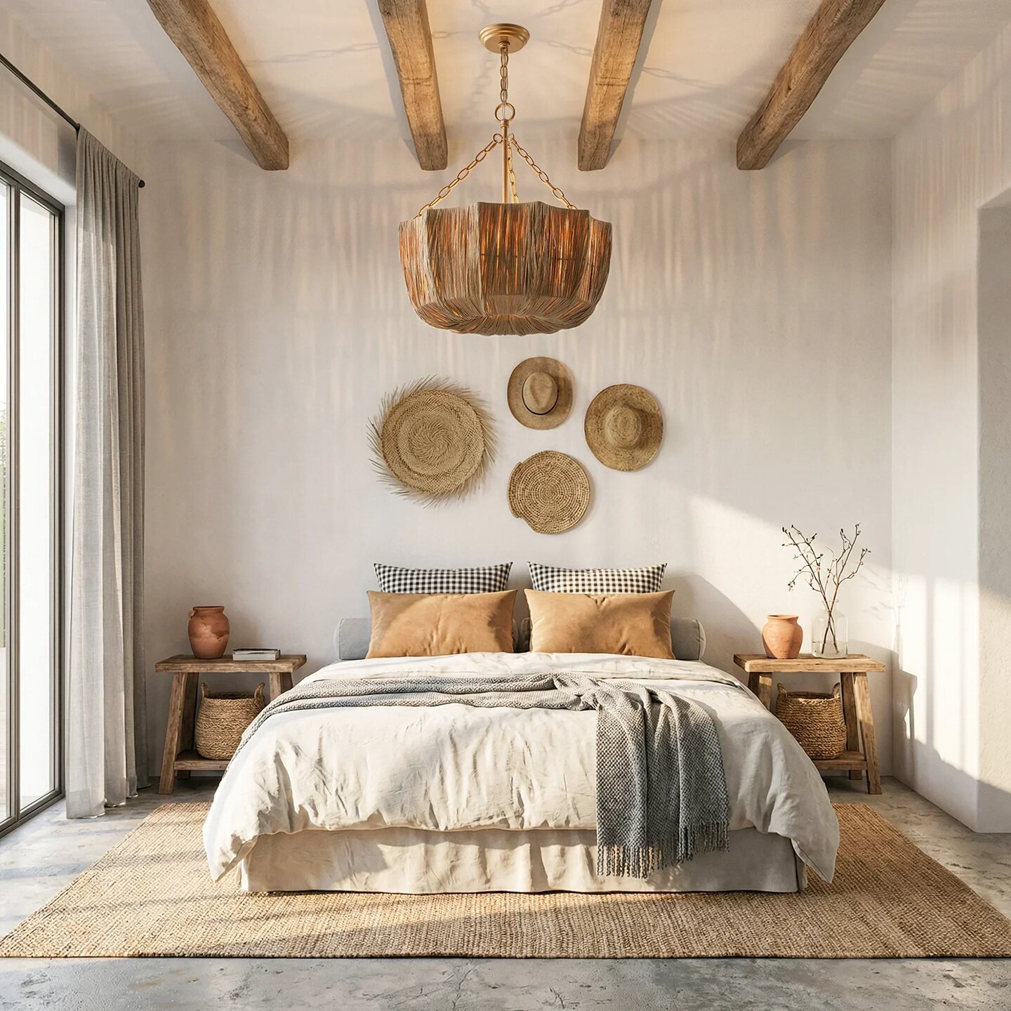 Brass & Woven Raffia 5-Light Chandelier Basket Bowl Ceiling Light