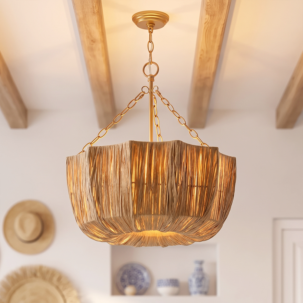 Brass & Woven Raffia 5-Light Chandelier Basket Bowl Ceiling Light
