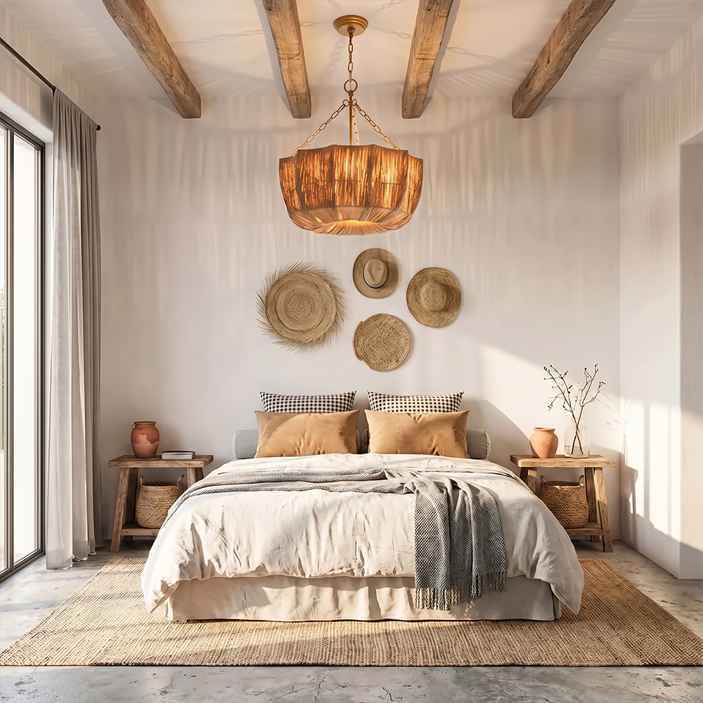 Brass & Woven Raffia 5-Light Chandelier Basket Bowl Ceiling Light