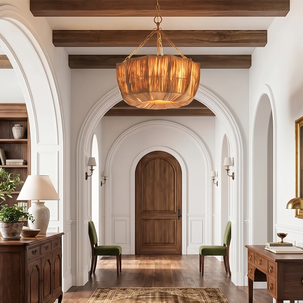 Brass & Woven Raffia 5-Light Chandelier Basket Bowl Ceiling Light