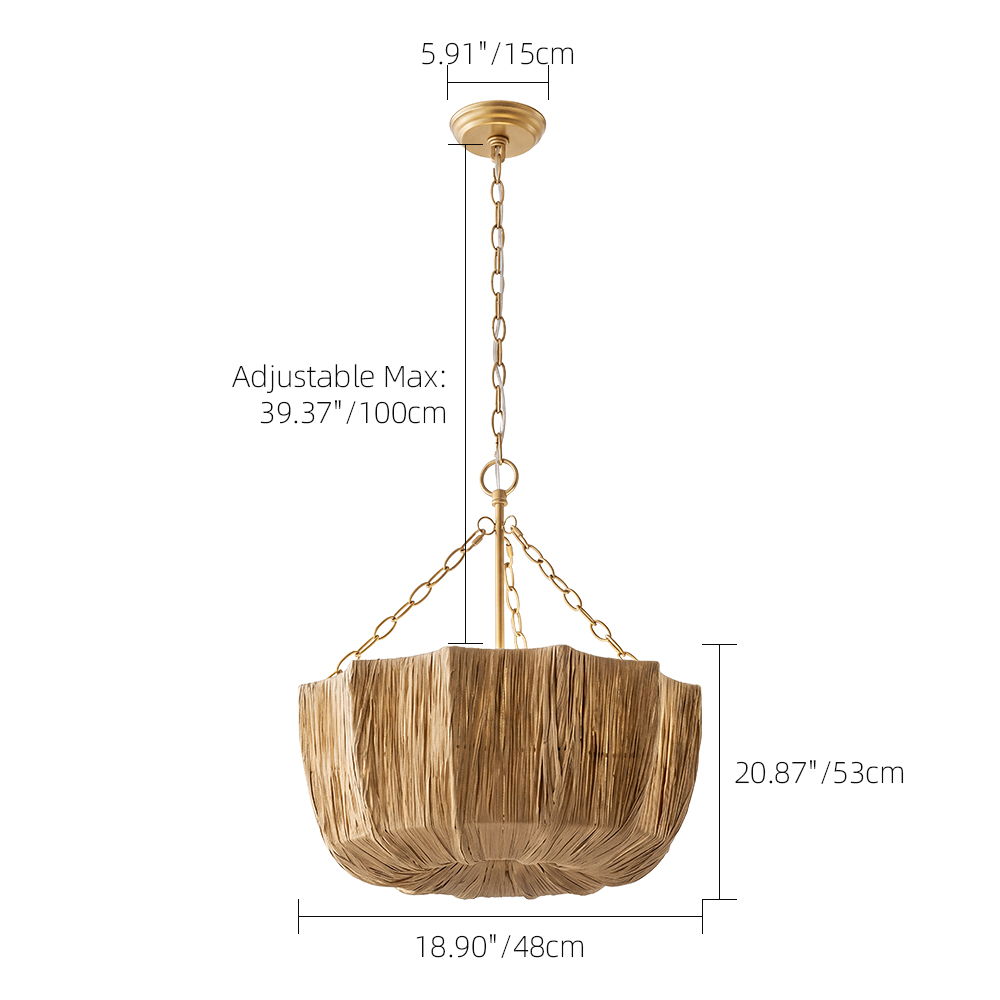 Brass & Woven Raffia 5-Light Chandelier Basket Bowl Ceiling Light