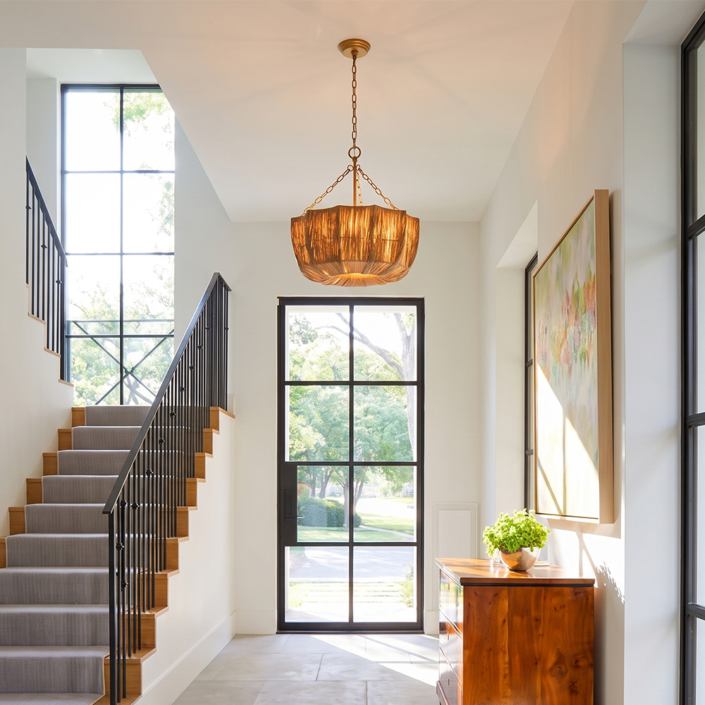 Brass & Woven Raffia 5-Light Chandelier Basket Bowl Ceiling Light
