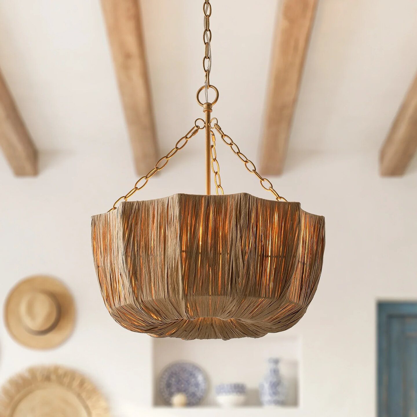 Brass & Woven Raffia 5-Light Chandelier Basket Bowl Ceiling Light