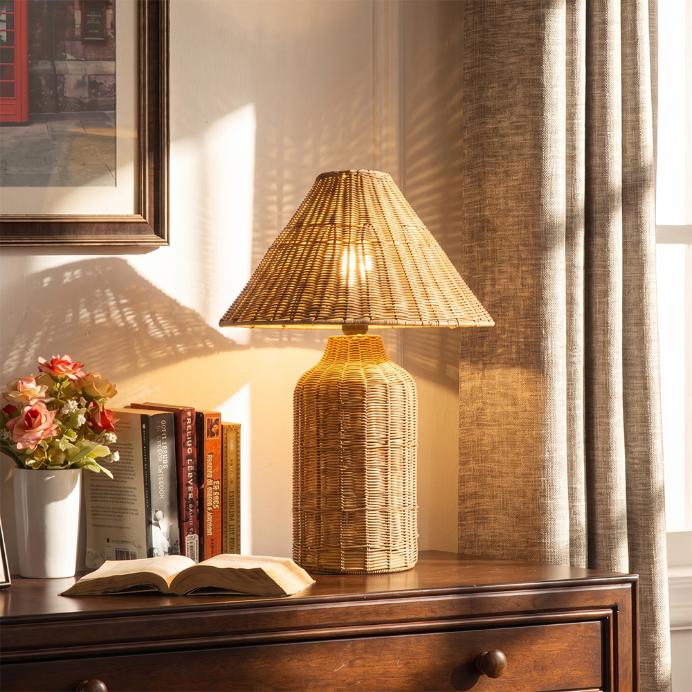Boho Woven Rattan Table Lamp Organic Natural Lighting