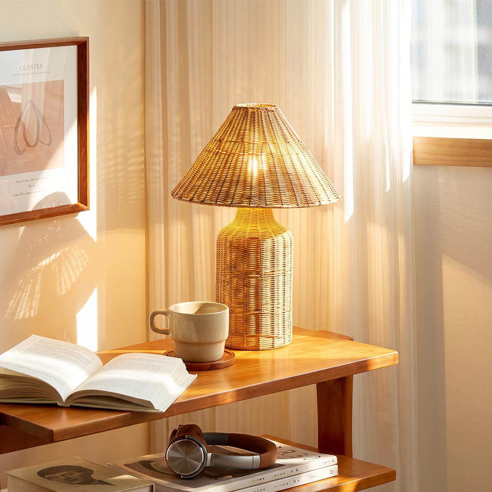 Boho Woven Rattan Table Lamp Organic Natural Lighting