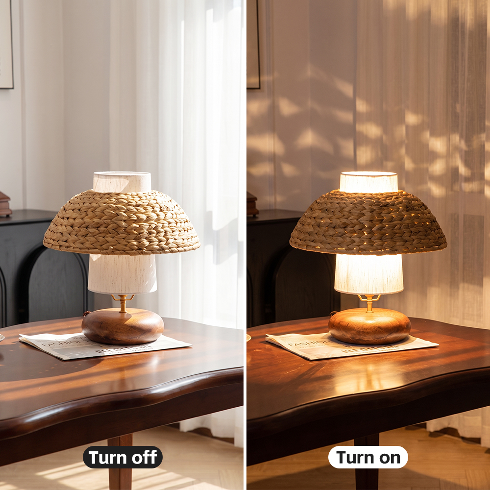 Wood & Woven Rattan Table Lamp Fabric Shade Bedside Light
